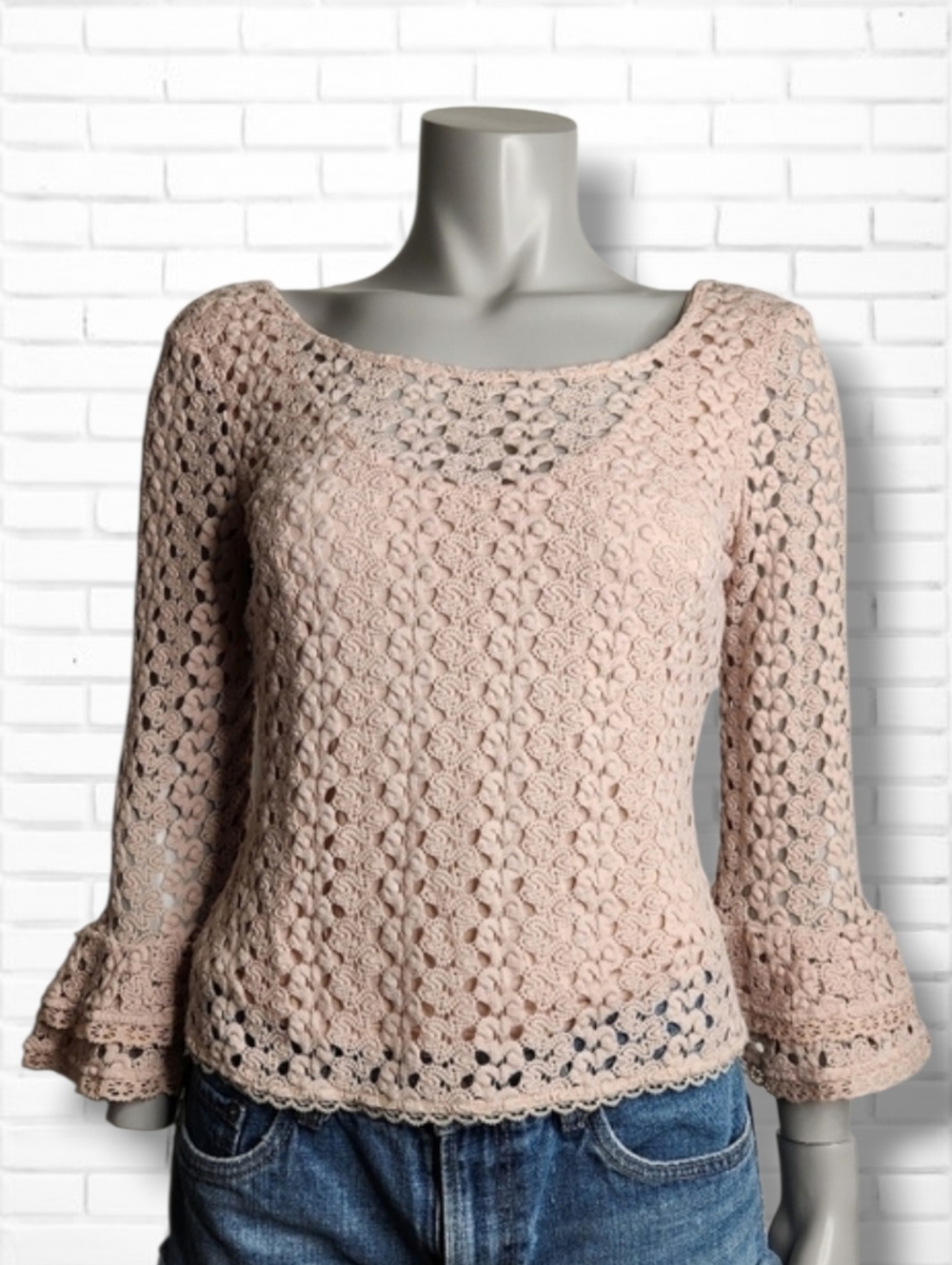 Free People Crochet Lace Bell Sleeve Scoop Neck and Back Top Size S